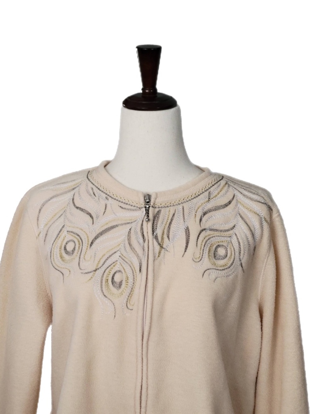 Full-zip Fleece Cardigan in Cream Embroidered Peacock Feathers Croft & Barrow XL